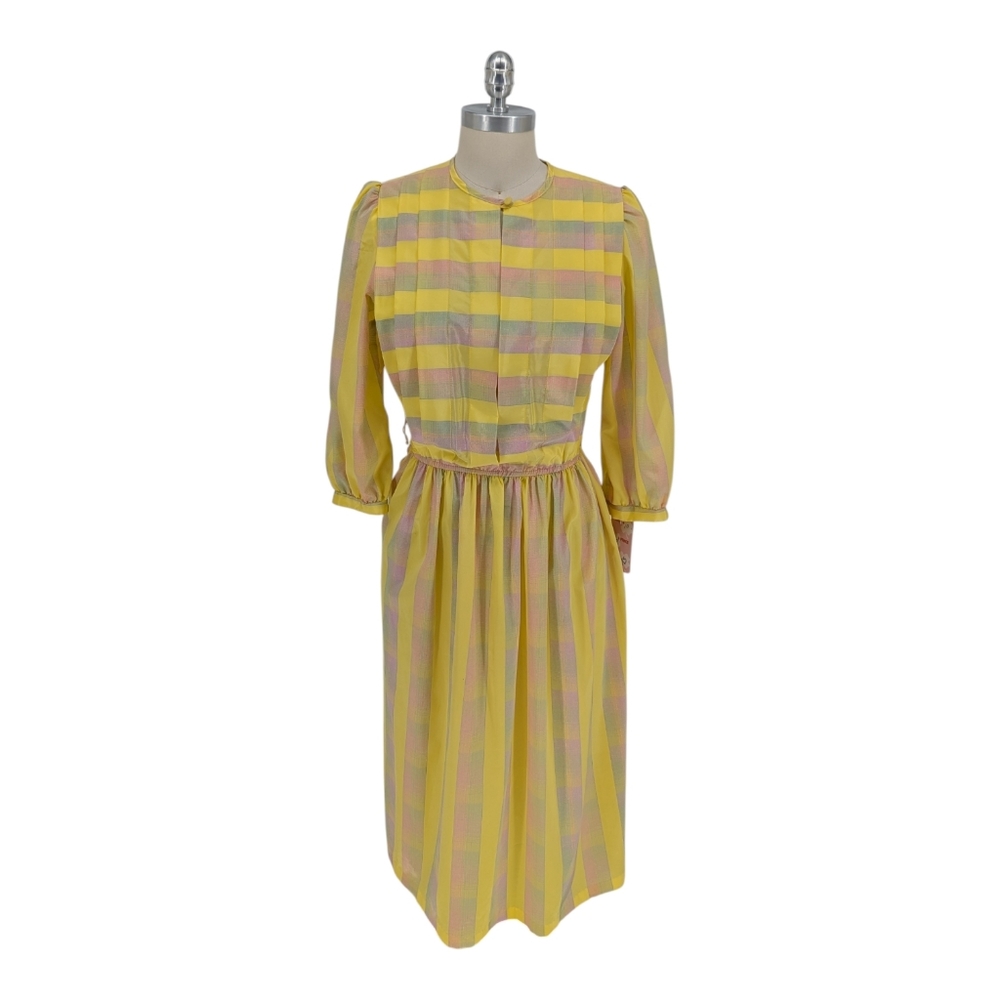 01392 Vintage Jonathan Martin Plaid A Line Dress Yellow size Medium preppy 80s